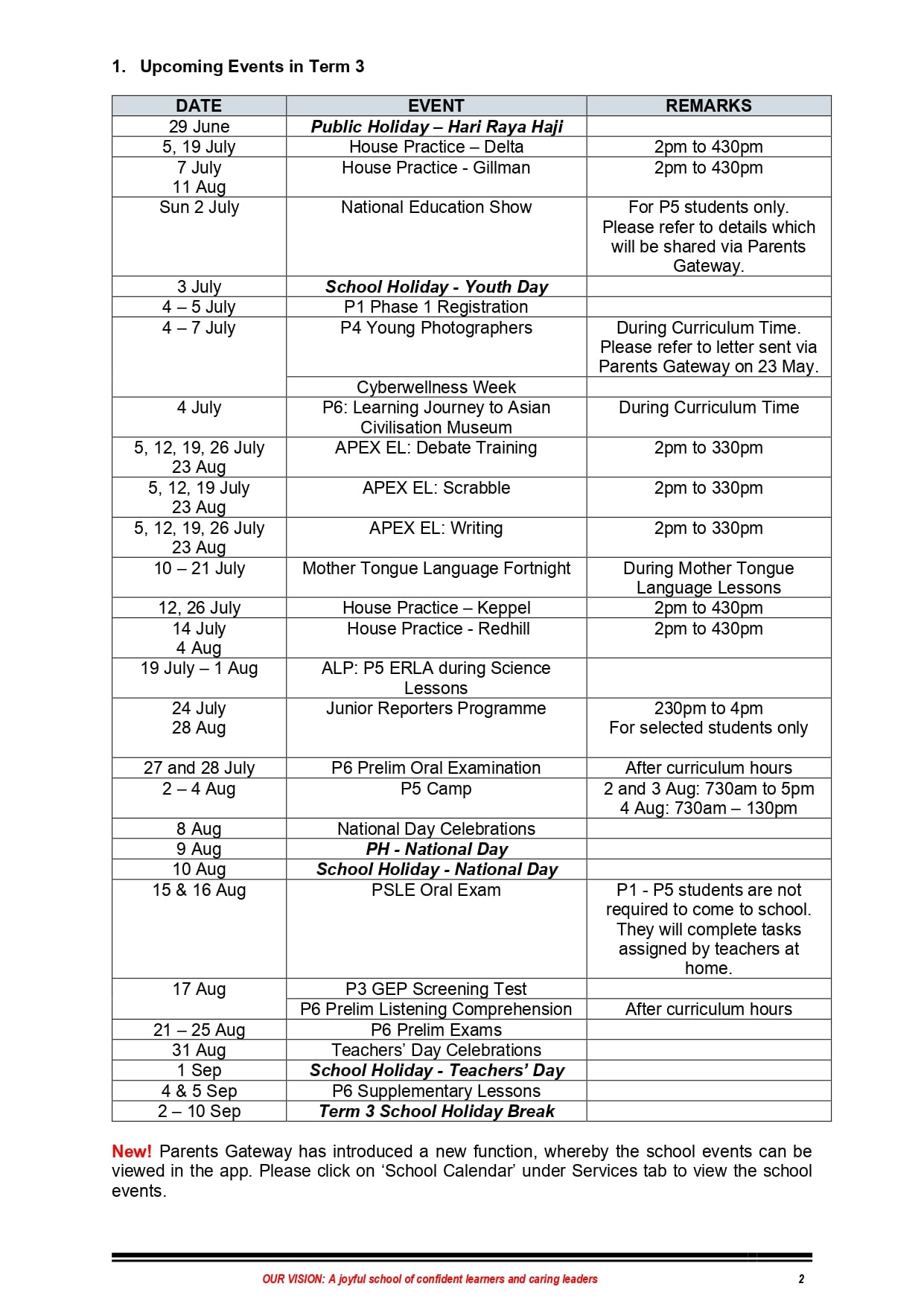 Table listing upcoming Term 3 school events with dates from June to September, including holidays, exams, and activities.
